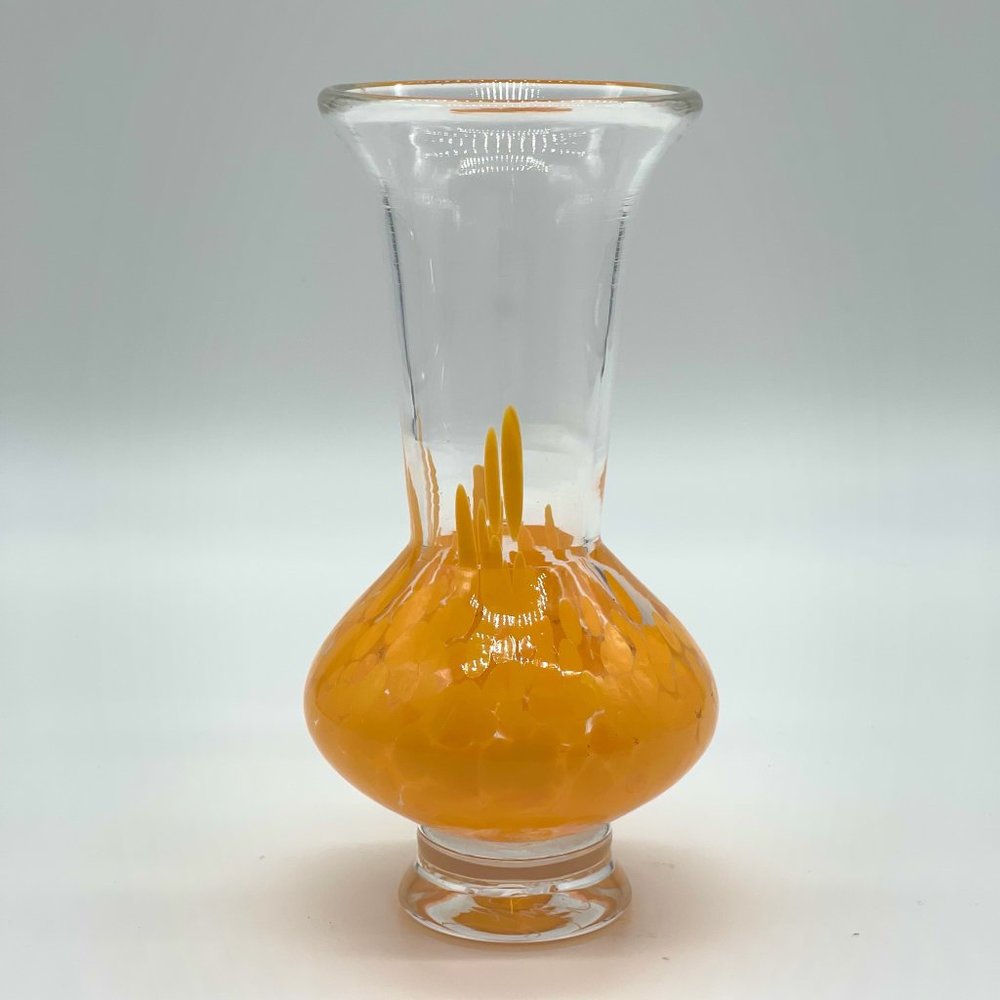 Vtg Hand Blown Art Glass Vase Clear Orange Artist Signed 2002